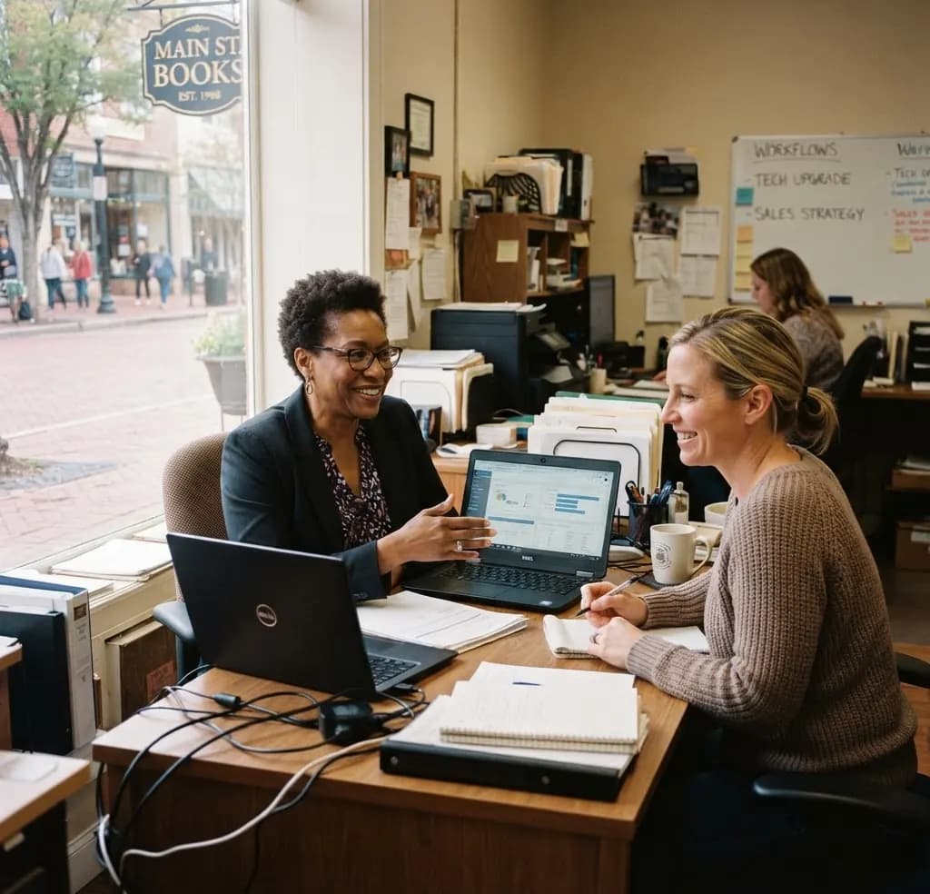 Two business owners talking through a workflow at a desk